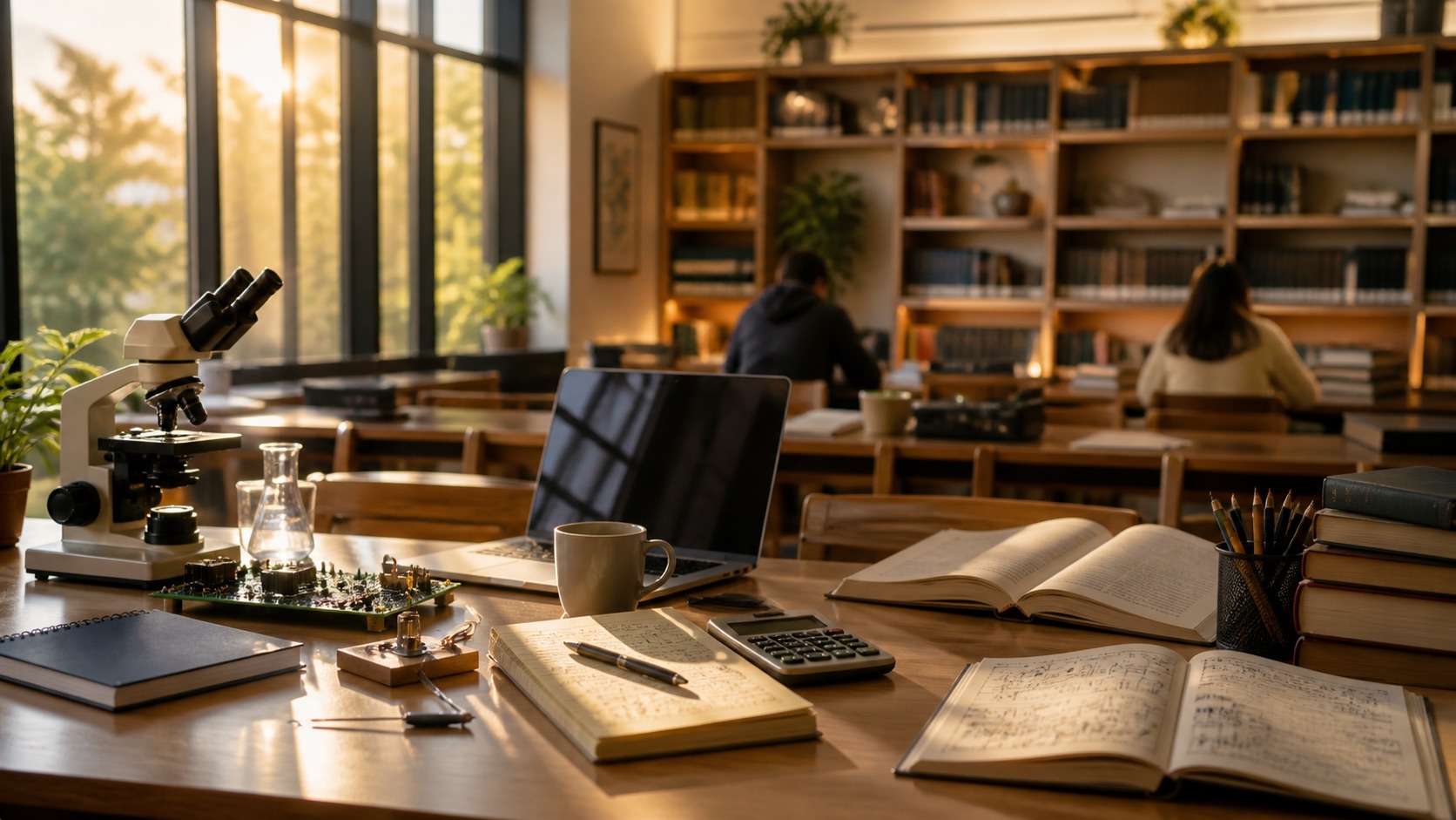 A sunlit learning studio with science, technology, business, and humanities materials